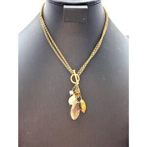 Muted Gold Tone Double Rolo Link Front Toggle Clasp Beaded Cluster 17" Necklace